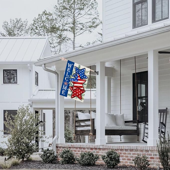 CROWNED BEAUTY 4th of July Patriotic Stars House Flag 28x40 Inch Double Sided Large Burlap for Outside Independence Day Welcome Yard Flag CF1526-40