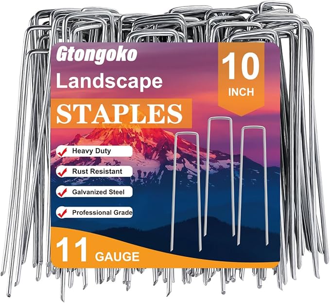 Gtongoko 50 Pack Landscape Staples 10 Inch, 11 Gauge Heavy Duty Galvanized Ground Stakes for Artificial Turf, Weed Barrier Fabric, Erosion Control Blankets, Ground Cover and Landscaping