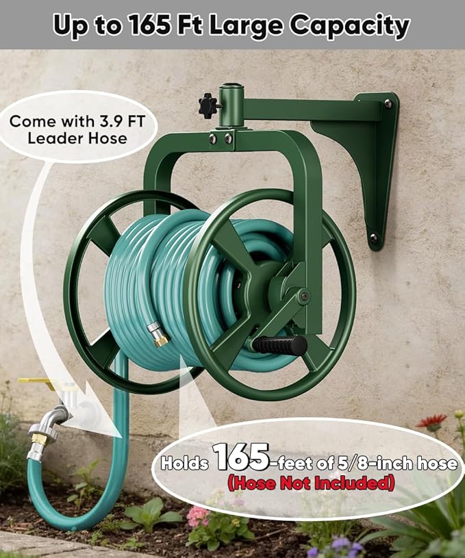 Artigarden Rotating 360° Garden Hose Reel, Wall Mounted Hose Reel Holder Holds 165ft of 5/8'' Hose, Outdoor Heavy Duty Metal Water Hose Organizer Storage Rack with 3.9ft Leader Hose for Outside, Green