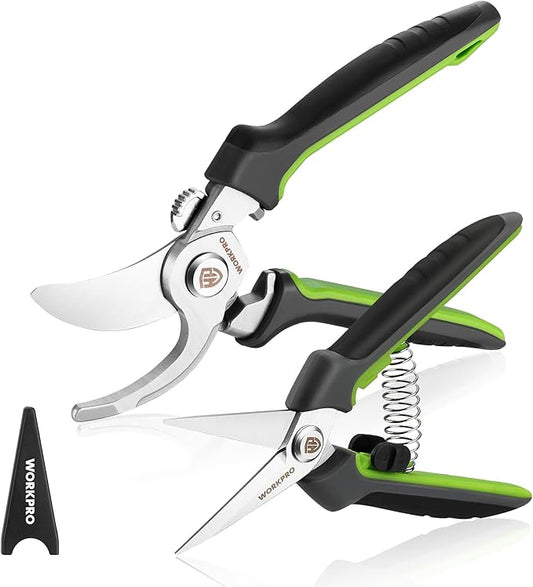 WORKPRO Garden Pruning Shears 2 Pack, 8.5" Bypass Pruning Shears and 6.25" Straight Garden Flower cissors, Garden Clippers Hand Tools for Cutting Flowers, Trimming Plants, Picking Fruits