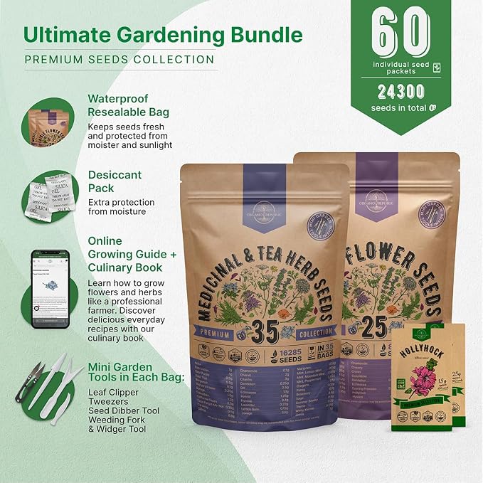 35 Medicinal & Tea Herb Seeds and 25 Edible Flower Seeds Variety Pack Bundle, 24,300+ Non-GMO Heirloom Garden Seeds for Planting Flowers and Herbs for Indoor & Outdoor Gardening