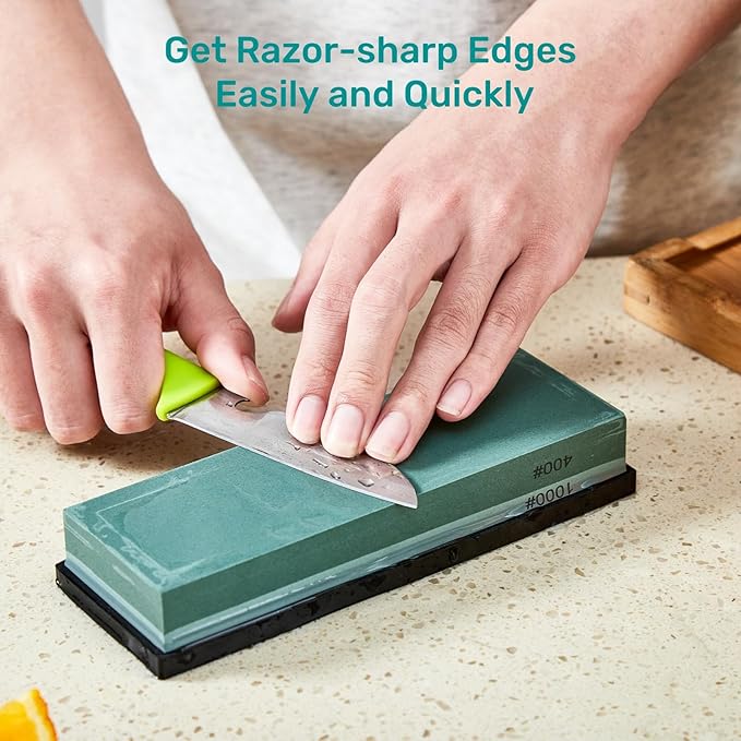 HiramWare Knife Sharpening Stone with Non-slip Rubber Base, 400/1000 Grit Premium Whetstone, Double-Sided Knife Sharpener for Kitchen, Waterstone for Honing Blades Manually