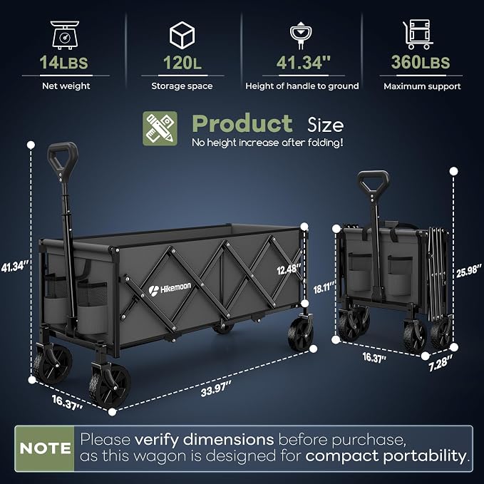 Hikemoon 34'' Extra Long Collapsible Wagons Carts Foldable, 360LBS Heavy Duty Folding Beach Wagon with Wheels, Portable Utility Outdoor Cart for Grocery, Garden, Sports, Camping, Grey