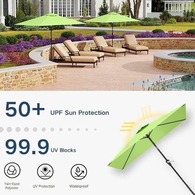 6.5' x 10' Rectangular Patio Umbrella Large Outdoor Market Umbrella w/UV Protection, Push Button Tilt and Crank Lift, Rectangle Table Umbrella for Garden, Deck, Pool, Patio, Apple Green