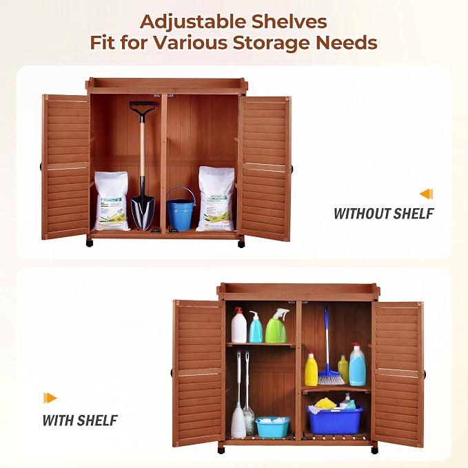 Outdoor Garden Storage Cabinet with Potting Bench, Wood Cabinet with Metal Top, Planting Workstation Table for Patio, Backyard and Garden Tools (Brown)