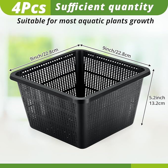 4 Pcs Aquatic Plant Baskets for Hydroponics Water Garden Plant Pots Black Plastic Mesh Basket 9 x 9 x 5.2 Inch Square Pond Containers for Island Live Aquarium Botany Flowers