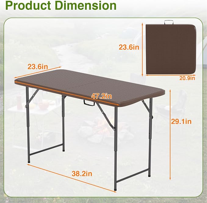 PayLessHere | 4FT Folding Table | Portable Plastic Table with Carry Handle | Waterproof & Foldable Table Design | Steel Frame with Lock | Brown Ratten | for Events, Camping, Indoor & Outdoor Use