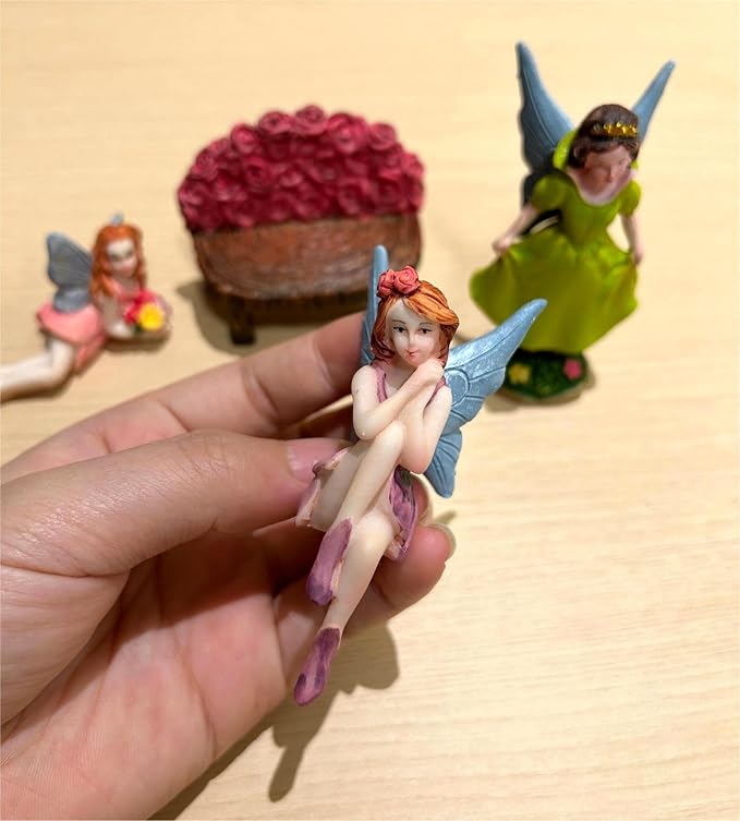Miniature Garden Fairy Figurines Set, 4 Piece Fairy Garden Accessories with Flower Chair, Cute Fairies Gifts for Outdoor Fairy Garden Decor
