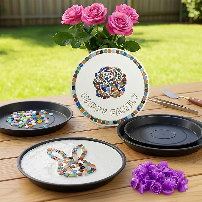 U0U Stepping Stone Kit Includes 4 Size Round Cement Molds,Mosaic Tiles and Carving Tools,DIY Garden Stepping Stone Kit for Kids,Family,Outdoor Walkways Pavement Decoration (No Concrete Mix)