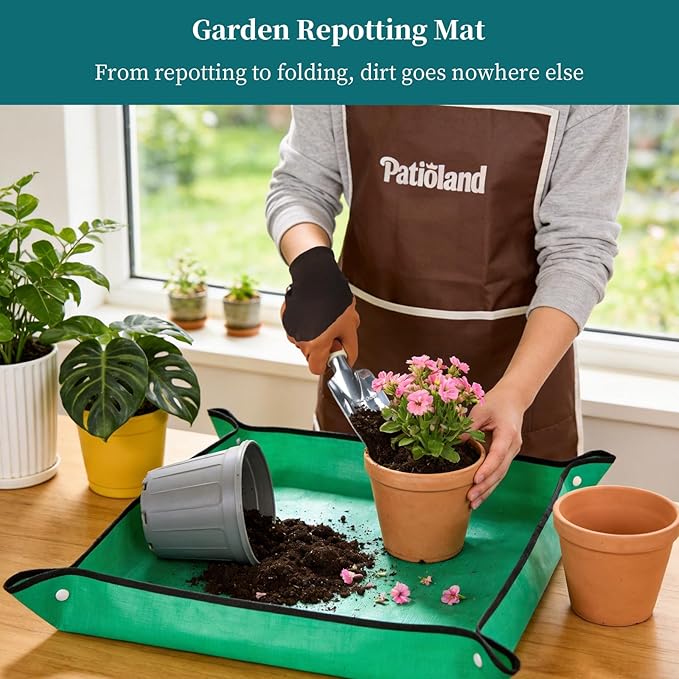Brown Garden Tool Sets, Gardening Hand Tools Kit with Non-Slip Ergonomic Handle, Storage Tote Bag, Gardening Gloves, Apron, Repotting Mat & Spray Bottle, Gardening Gift for Women Men