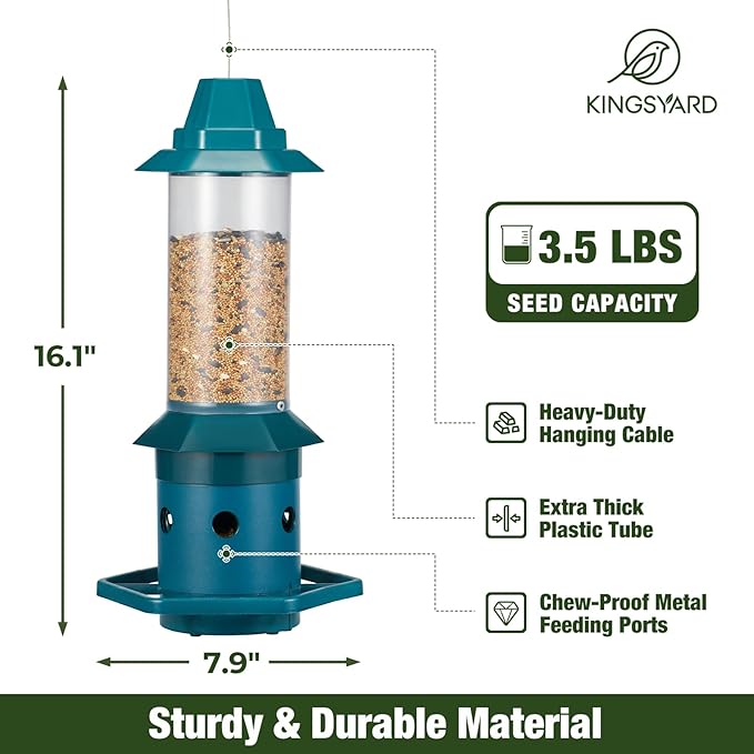 Kingsyard Squirrel-Proof Bird Feeder with Adjustable Weight-Activated Perch, Wild Bird Feeders for Outdoors Hanging, Weatherproof & 4 lb Large Seed Capacity, Dark Green