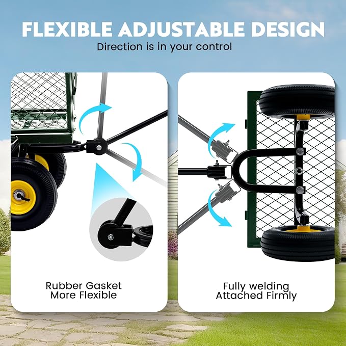 Steel Garden Cart, 2-in-1 Heavy Duty Utility Wagon 900 LBS Capacity Carts with Removable Mesh Sides to Convert into Flatbed, 240° U-Turn 10" Pneumatic Tires Garden Wagon for Lawn Camping Farm Yard