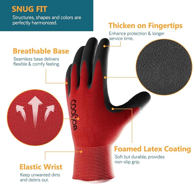 COOLJOB Gardening Gloves for Men, 6 Pairs Breathable Rubber Coated for Garden Weeding Landscaping, Outside Work for Lawn Yard, Men's Large Size, Black & Red