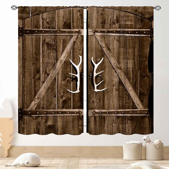 Rustic Barn Door Curtains, Farmhouse Wooden Barnwood Brown Garage Gate Cottage Country Western Style Window Treatments Drapes for Bedroom Living Room Kitchen 2 Panels, 63"x63" Inch