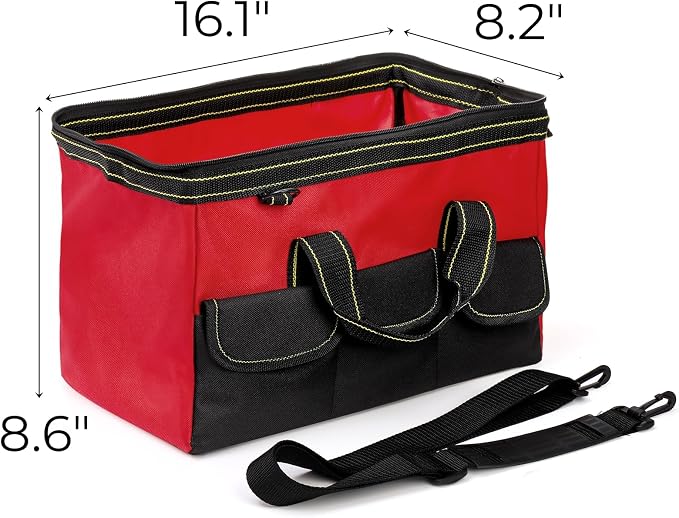 Hiceeden 16 Inch Wide Mouth Tool Bag, Collapsible Tool Tote with Waterproof Coating and Adjustable Strap, Portable Electrician Tool Organizer Handbag with 5 Outside Pockets, Red