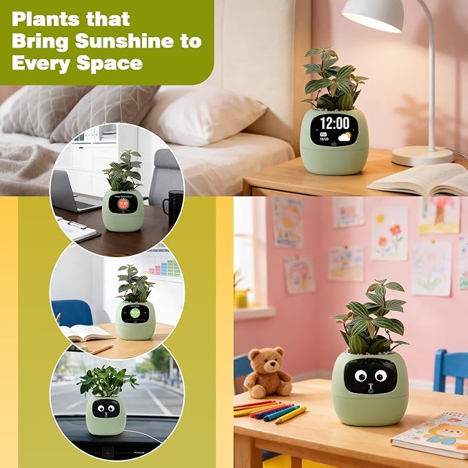 Smart Plant Pot with Visual Display – Soil Moisture, Water Level, Light & Battery Monitor, 80ml Self-Watering Reservoir, Supports 100+ Plants, Pomodoro Timer, Clock & Calendar (Green)