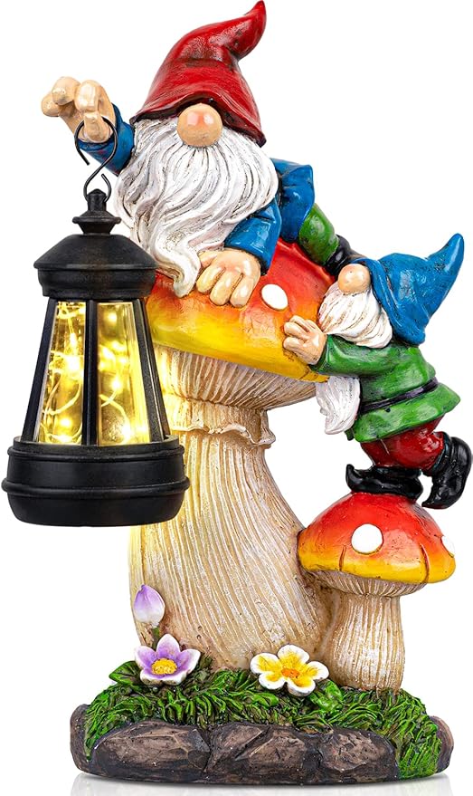 C&Y&G&X Solar Garden Gnome Statue, Waterproof Outdoor Mushroom Decor with Solar Lantern LED Lights, Resin Garden Gnome Yard Art for Lawn Patio Porch, Gifts for Mom Grandma Garden Lovers