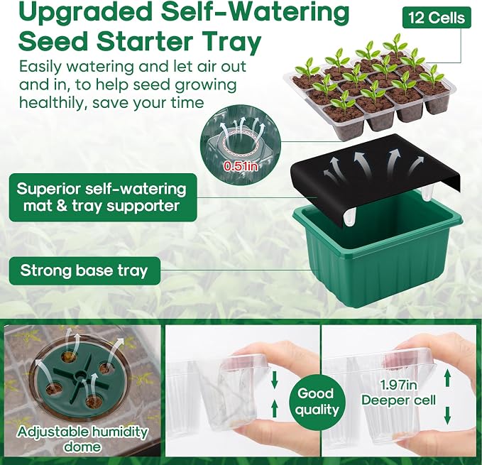 BlumWay Self-Watering Seed Starter Tray Kit with Grow Light and Humidity Dome,3 Color Growing Light,5-Pack 60-Cell Plant Seedling Tray,Reusable Plastic Germination Trays,Timed Light Plant Starter Set