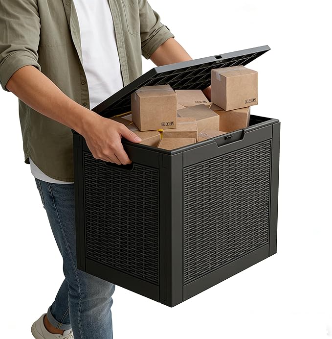 Outdoor Storage Box, 30 Gallon Resin Deck Boxes Outdoor Waterproof For Patio Furniture, Garden Tools, Pool Supplies, Lockable And UV Resistant (Rattan Black)