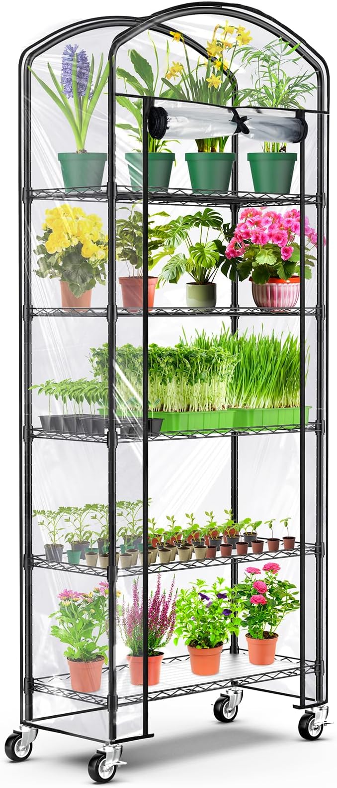 5-Tier Greenhouse with Caster Wheel, Each Shelf Height Adjustable Metal Plant Shelf with PVC Cover for Seed Starting Trays, Seedling Pots, Plant Pots, 13x29x73inch