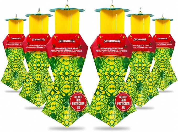 Catchmaster Japanese Beetle Traps w/Rain-Proof Cap 6-Pack & Dual Lure, Beetle Bag Trap, Hanging Beetle Catcher, Pest Control for Backyard & Garden, Plants, Trees, Vegetables & Flowers