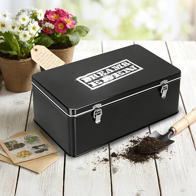 DreamsEden Metal Seed Organizer Storage Box - Rustic Garden Seed Saver Container for Packets with Hinged Lid Gifts for Homesteader Gardening (Black)