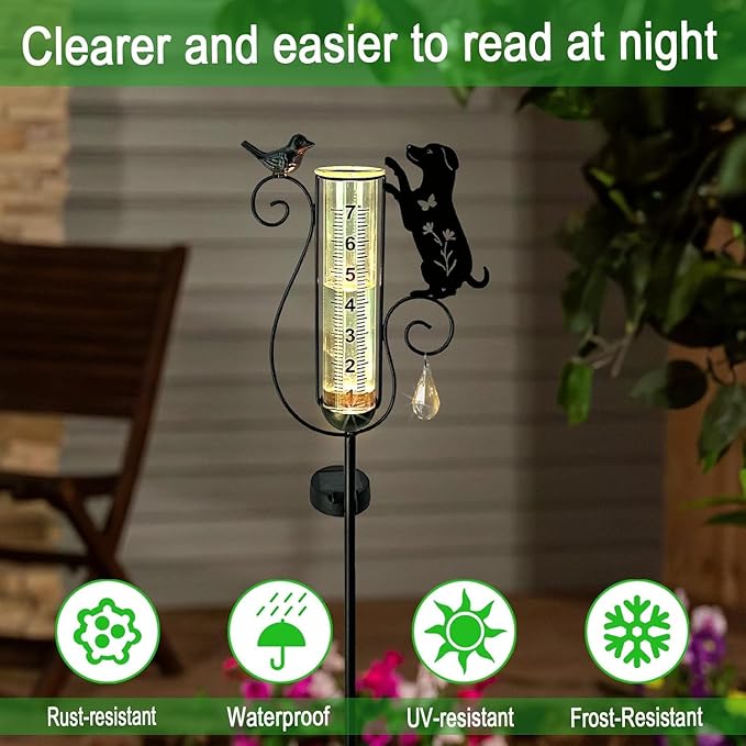 Rain Gauge Outdoor, Solar Powered Decorative Dog and Bird Garden Stake for Outside,Yard, Lawn, Pathway