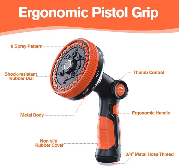 Rosy Earth Garden Hose Nozzle, Heavy Duty Metal Water Hose Sprayer, 9cm/3.5" Ultra-Wide Garden Hose Sprayer, 8 Patterns, Thumb Control Water Hose Nozzle High Pressure for Watering, Cleaning, Car, Pet