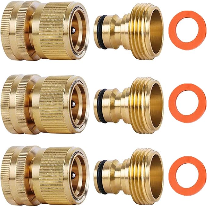 Quick Connect Hose Fitting, Solid Brass Garden Hose Quick Connectors 3/4 Inch Thread No-Leak Water Hose Repair Fittings Male and Female Hose Adapter - 3Packs
