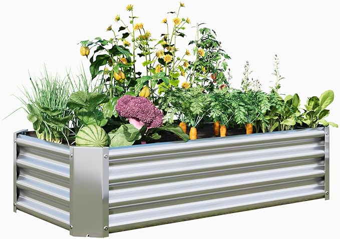 Metal Galvanized Raised Garden Bed Kit, 4 x 2 x 1 ft Galvanized Steel Raised Garden Planter Box Outdoor with Open Base for Growing Vegetables/Flowers/Herbs/Fruits/Succulents, Rectangle, Silver