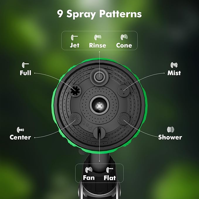 RESTMO 2-in-1 Watering Wand, Heavy Duty Metal Garden Hose Wand with 9 Spray Patterns, Multi-Function Hose Nozzle Sprayer with Thumb Flow Control, Ideal to Water Hanging Baskets and Shrubs, Green