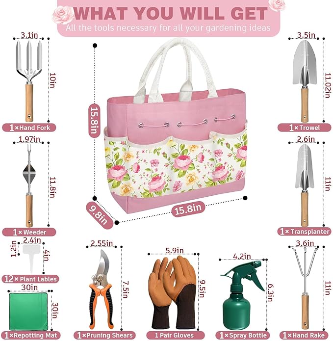 22PCS Garden Tools Set for Women,Birthday Gifts for Mom Wife Grandma,Heavy Duty Hand Tool Kit Gardening Supplies Included Handy Tote Bag/Trowel/Repotting Mat/Rake/Pruner/Gloves/Plant Tags -Pink