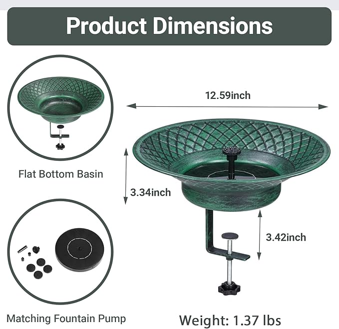 Deck Mounted Bird Bath for Outside, 12.6" Metal Solar Bird Bath with Fountain, Adjustable Railing Clamp for Balcony & Patio, Outdoor Birdbath for Garden Yard Decor