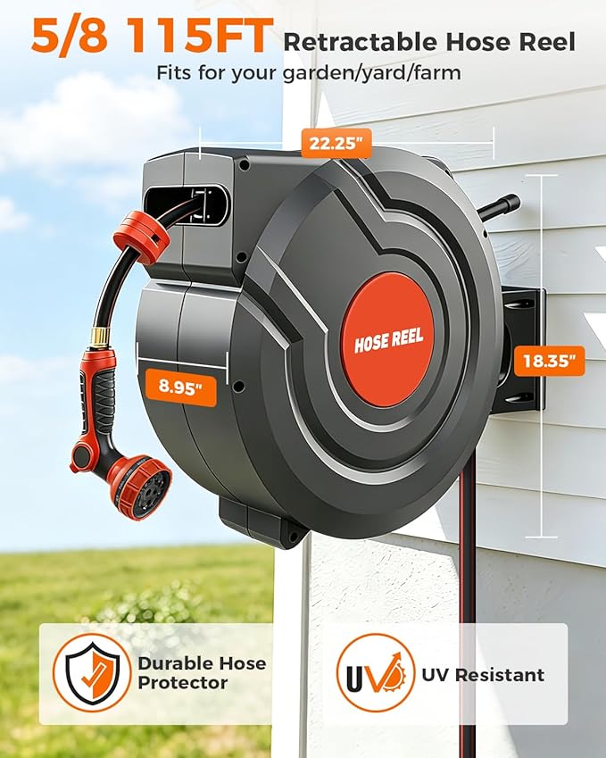 Retractable Garden Hose Reel,Wall Mounted 115 ft 5/8 Inch Automatic Rewind, Any-Length Lock, 9-Pattern Sprayer, 180° Swivel, Durable Water Hose Reel for Yard and Home