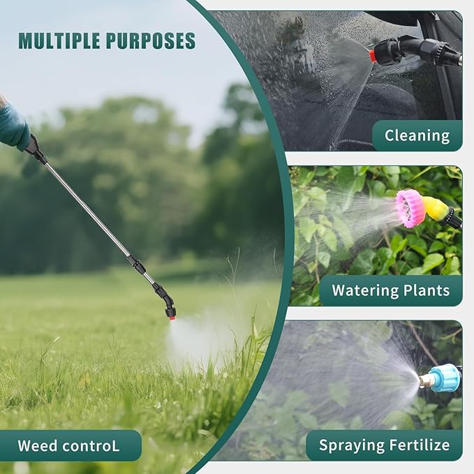 Battery Powered Sprayer 2 Gallon - Upgraded Anti-Bend Hose Electric Garden Sprayer, Rechargeable Pump Sprayer with 3 Mist Nozzles, Retractable Wand, Adjustable Strap for Lawn, Plant Watering (Green)
