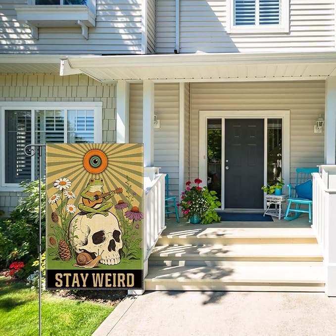Perfectinsoy Stay Weird Funny Garden Flag, Boho Skull Frog Flags, Inclusion Human Rights Yard Banner, Community Progress Welcome Yard Farmhouse Patio Lawn Spring Summer Outdoor Decor