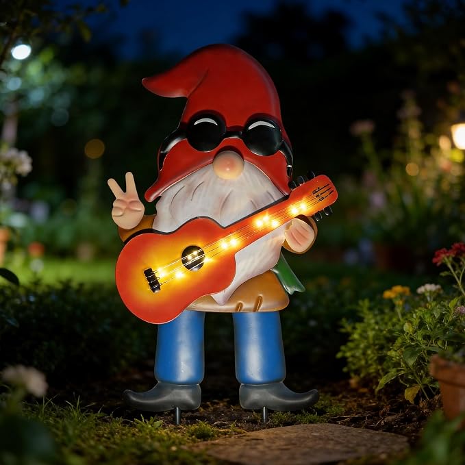 HONGLAND 28" Solar Garden Gnome Decor with Light Up Guitar - Outdoor Decorative Stake for Patio, Yard & Lawn | Unique Rock Music Gnome Decor