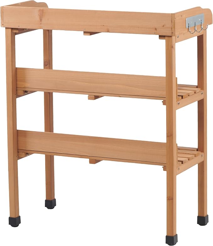 Potting Table for Outdoor Use, 30x14.5x35.5 Inch with Metal Tabletop, 3-Layer Workbench with Hooks, Solid Wood Garden Workstation Garage