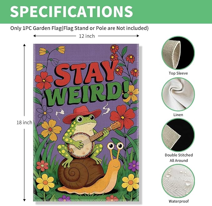Perfectinsoy Stay Weird Funny Garden Flag, Inclusion Equality Human Rights LGBTQ Yard Banner, Retro Snail Frog Flags, Community Progress Welcome Yard Farmhouse Patio Lawn Spring Summer Outdoor Decor