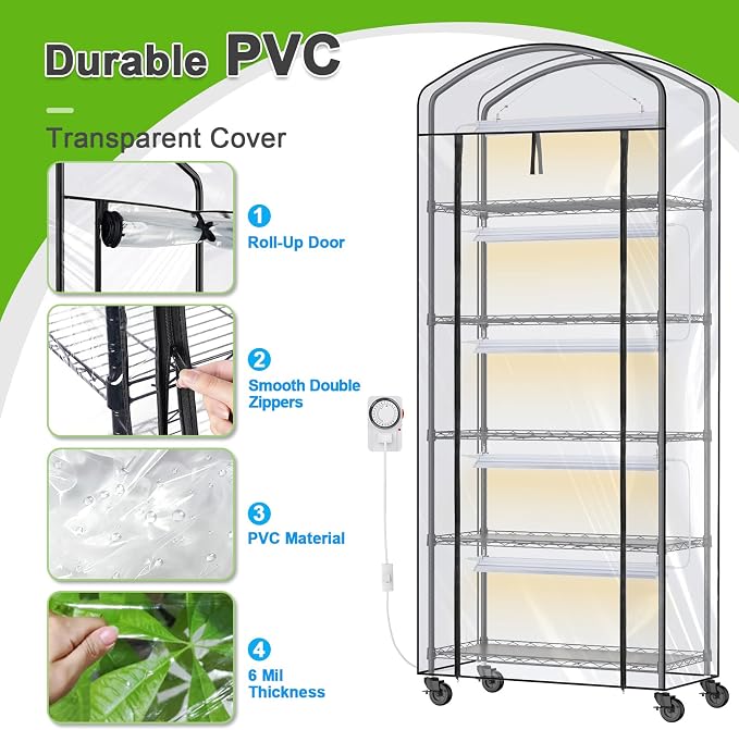 5-Tier Greenhouse with Grow Light, Shelf Height Adjustable Metal Plant Shelf with PVC Cover and Wheels, Includes 5-Pack 2900K Full Spectrum Plant Lights, 13x29x73inch