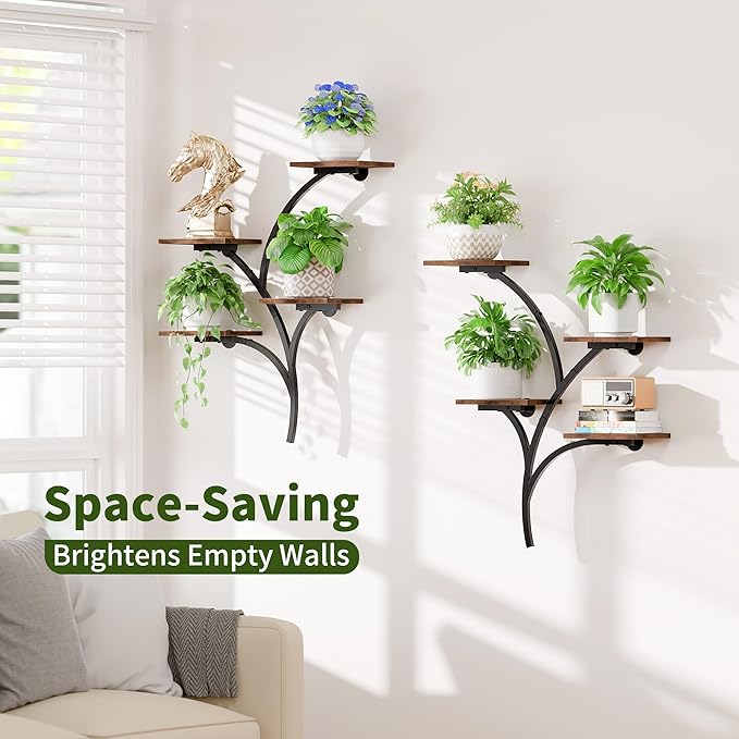 POZILAN Wall Planters for Indoor Plants, 2 Pack 8 Tiered Wall Mount Plant Holder, Sturdy Metal & Wood Hanging Planters for Living Room Window, Wall Plant Stand Indoor for Home Decor & Multiple Plants