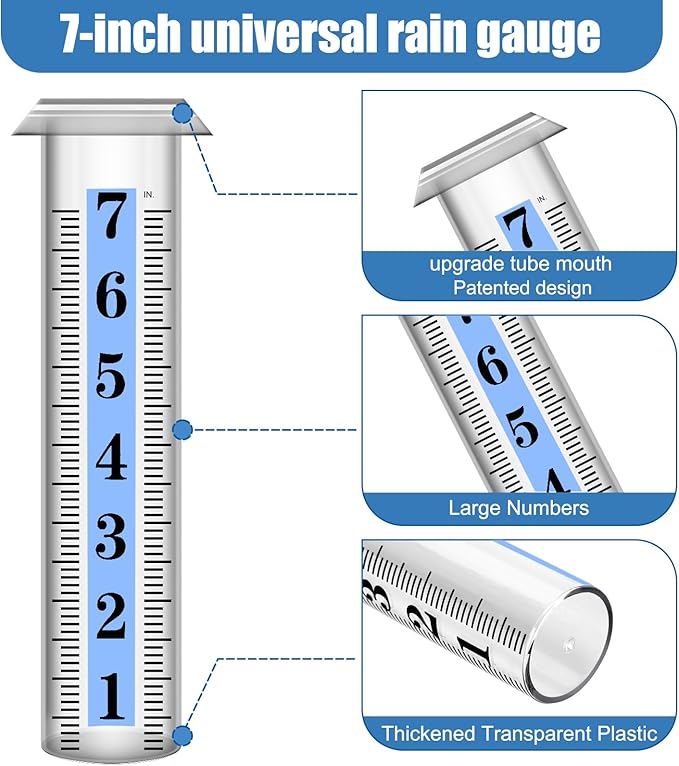 YZDTECH Rain Gauge Replacement Tube Plastic, Accurate Rain Gauge Outdoor, Thickened and Transparent 7" Capacity Tube with Blue Strip for Yard, 1 Rain Meter Tube with 1 Clean Brush and 1 Red Float