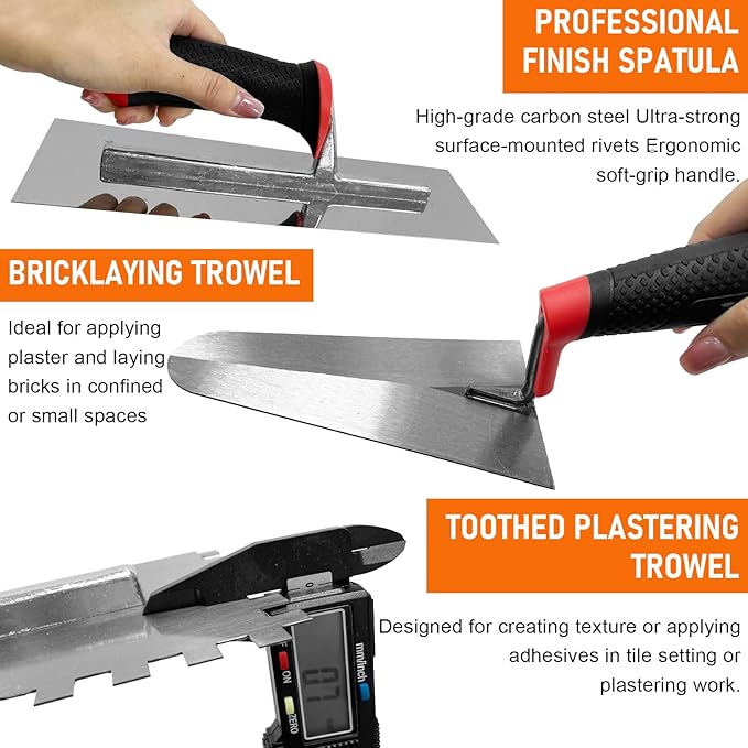 Concrete Masonry Trowel 4pcs/Set, High-Carbon Steel Plastering Bricklaying Tools for Drywall Concrete Includes Flat Trowels and Notched Trowels, Brick Trowels (Black-B Set)