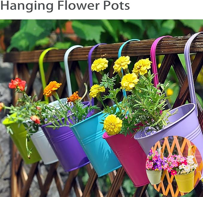 Railing Planters with Drainage Holes, 10 Pack 6.3" x 4.7" x 5.3" Iron Hanging Flower Pots with Removable Hooks for Balcony Fence Garden Suitable Indoor Outdoor, Plant Hanger, 10 Colors