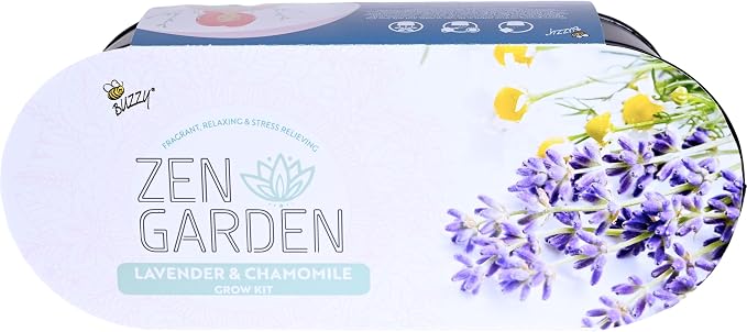 Buzzy Seeds Chamomile & Lavender Wellness Grow Kit - Metal Windowsill Planter - Complete Indoor/Outdoor Gardening Kit with Seeds, Coconut Husk Growing Medium & Genuine Pots - 100% Grow Guarantee