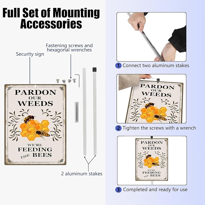 Pardon the Weeds We're Feeding The Bees Yard Sign with Stakes Do Not Mow 8x12 IN Aluminum Lawn Sign Stand for Yard Garden Pollinator Wildflower Save Bee Habitat Sign Outdoor Decorations