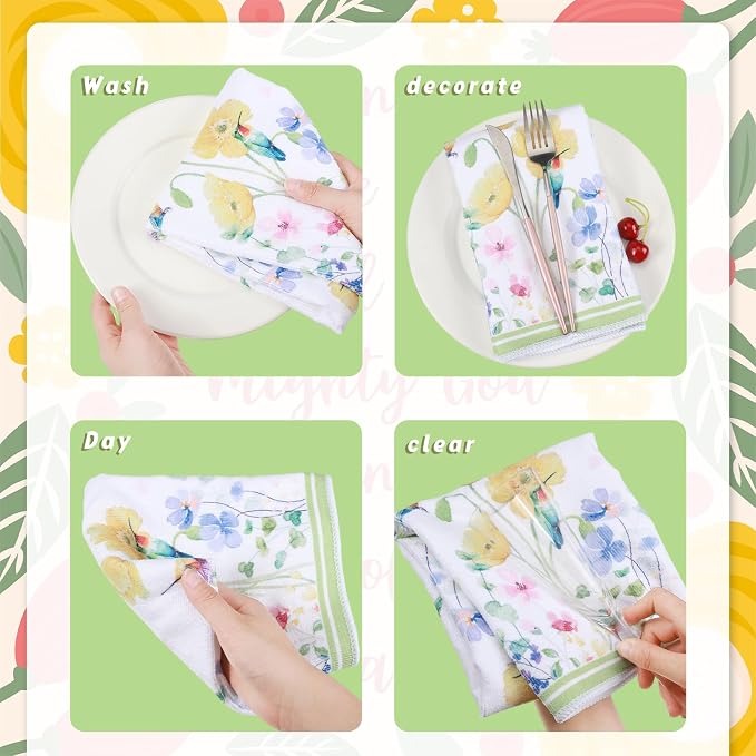 Oudain Sets of 6 Floral Kitchen Towels Decor Wildflower Hummingbirds Branches Dish Hand Tea Towels for Summer Spring Party Holiday Supply Bathroom Housewarming Gift