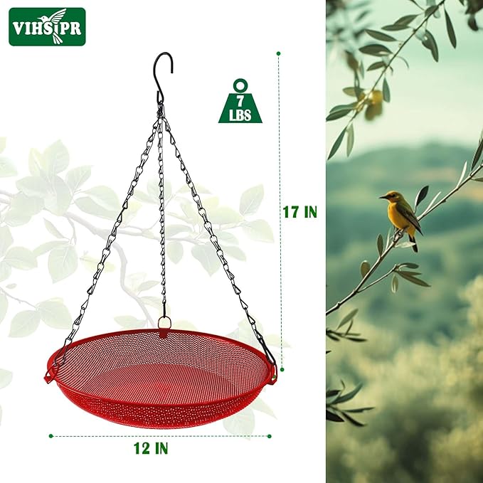 Hanging Platform Bird Feeder, 12 in, Red | Metal Mesh Seed Tray, For Wild Birds, Outdoor Use