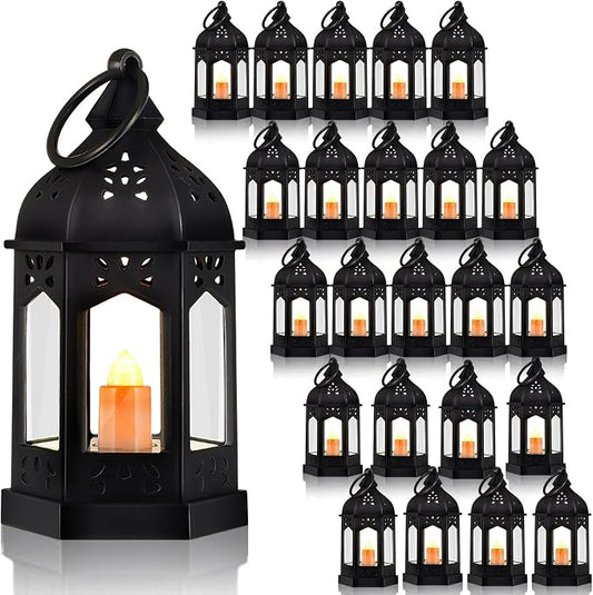 Hortsun 24 Pcs Vintage Lanterns Mini Lantern for Wedding Table Centerpiece Retro Decor with LED Candle Battery Powered Hanging for Medieval Wedding Cowboy Halloween Party Decoration Supplies(Black)