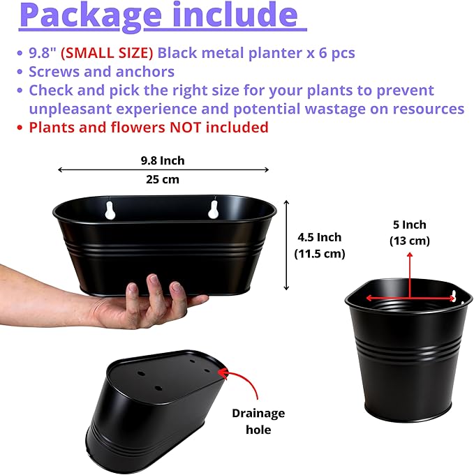 LaLaGreen Wall Planter (9.8 Inch, 6 Pack) Black Oval Metal Pot Hanging Decor Flower Railing Fence Pots Mounted Indoor Plant Holder Porch Decorations Drainage Garden Plants Planters Balcony Home Yard